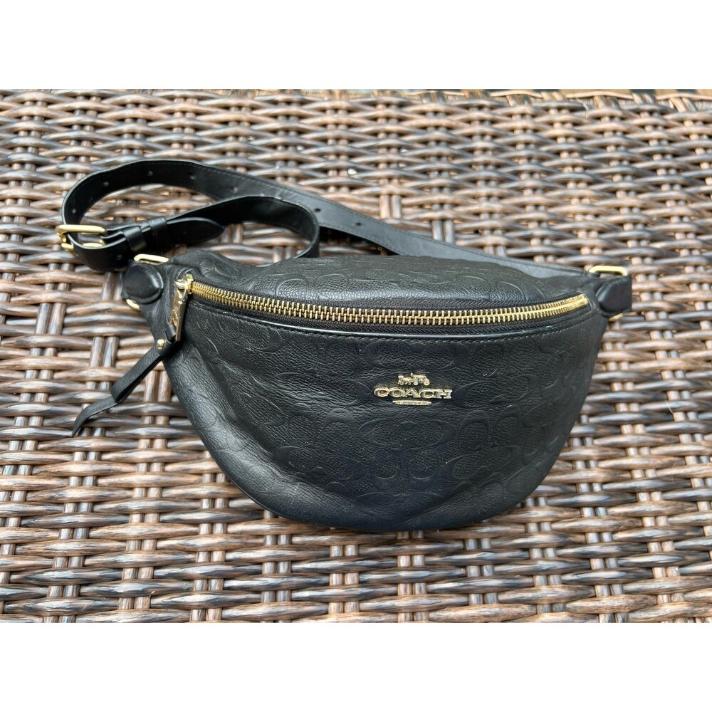 Coach Signature Debossed Black Leather Belt Bag EUC